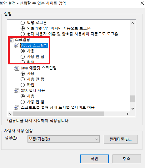 Active 스크립팅 사용 설정